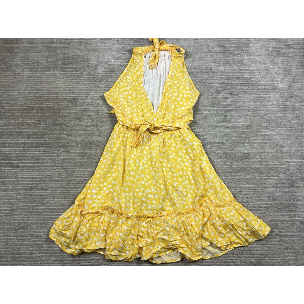 BTFBM Dress Womens Large Yellow Spotted Mini Lined Viscose Ruffle Casual